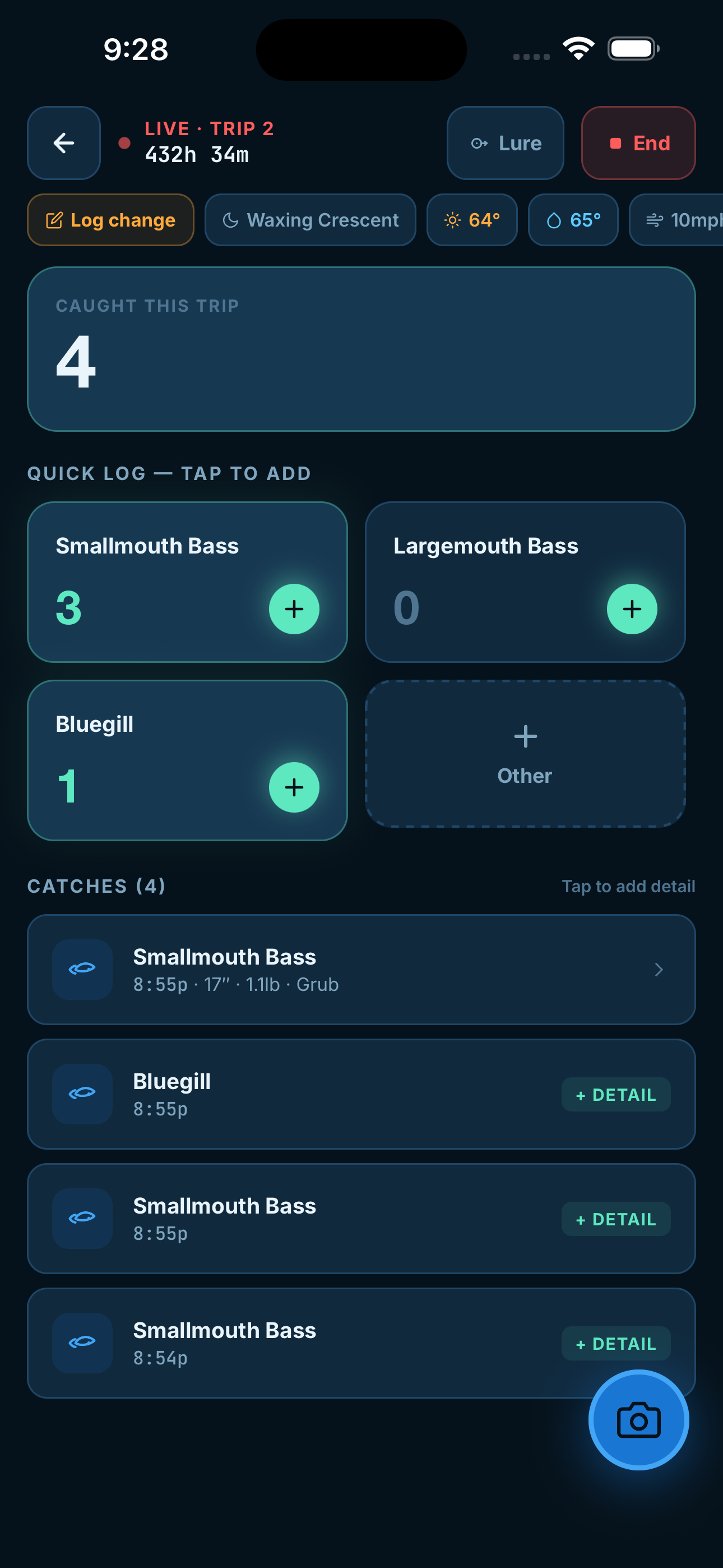 Forgetful Angler live trip counter — tap a species tile to log a catch instantly